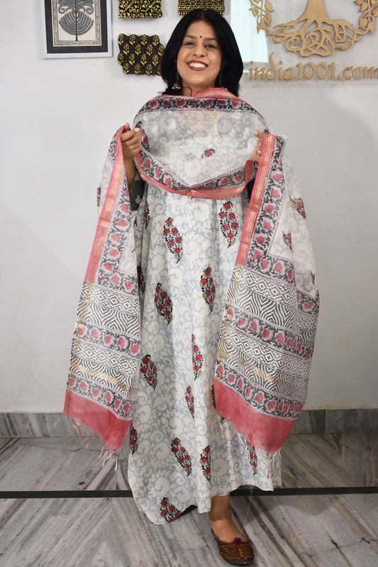 Designer Hand Block Print Cotton suit with Chanderi dupatta