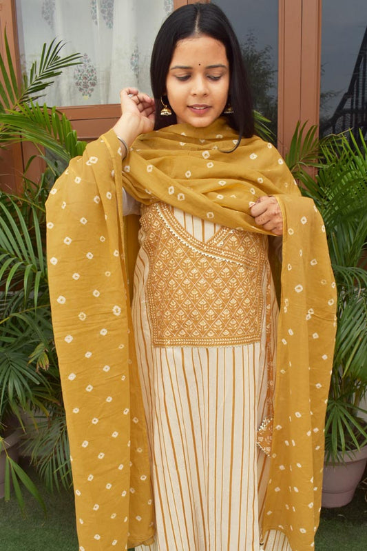 Beautiful Cotton suit with readymade yoke, embroidery and mirror work with Bandhani Cotton dupatta