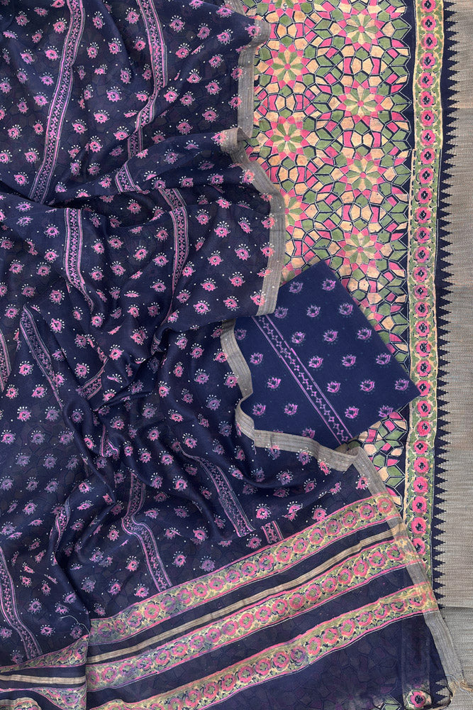 Beautiful Hand Block Printed Chanderi unstitched suit fabric with Geecha border