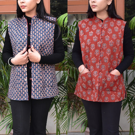 Block Print Quilted Reversible cotton Sleeveless jacket - Size 38, 40, 44, 46