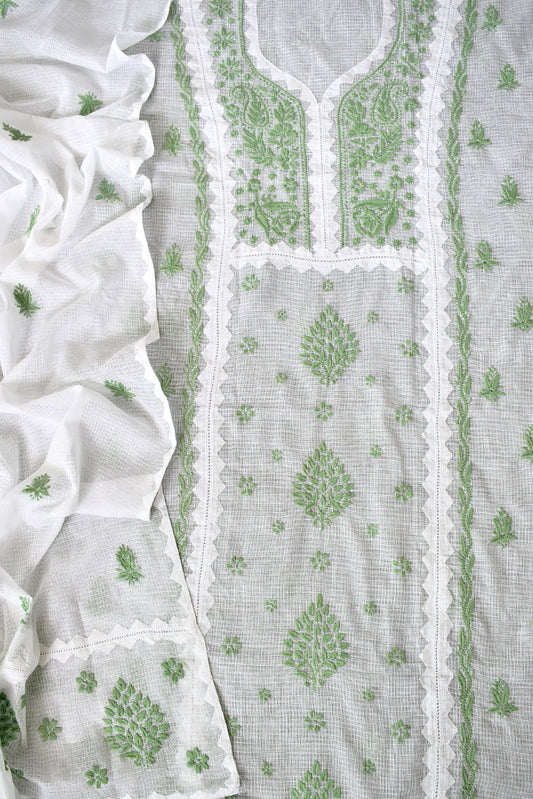 Elegant Milky White Kota Kurta & Dupatta Set with Applique &  Lucknowi Hand Chikankari embroidery