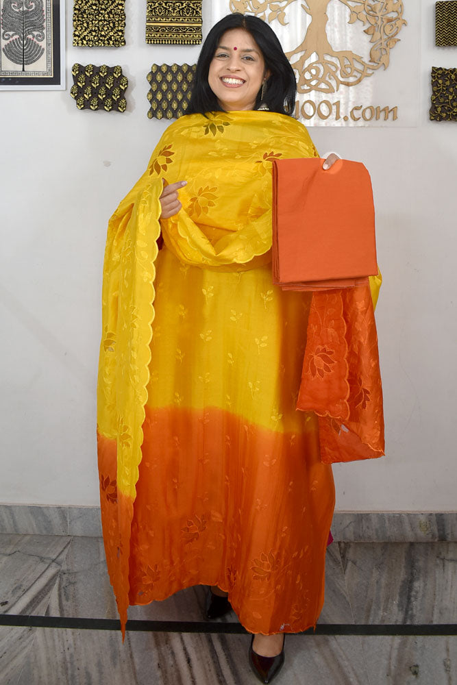 Beautiful Embroidered Cotton Chanderi Suit With Cut Work