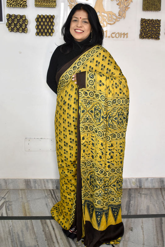 Elegant Hand Block Printed Ajrakh Modal Silk Saree with Mirror Work & tassels