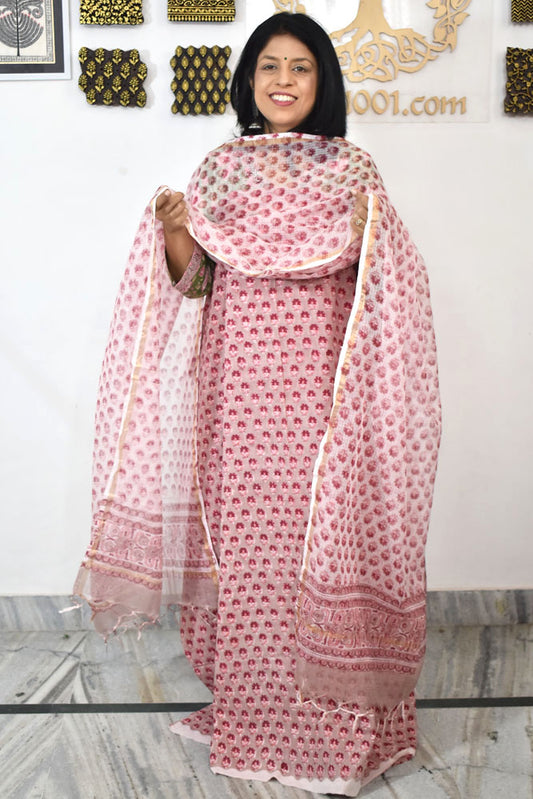 Beautiful Hand Block Printed Cotton unstitched suit fabric with Kota Doria Dupatta