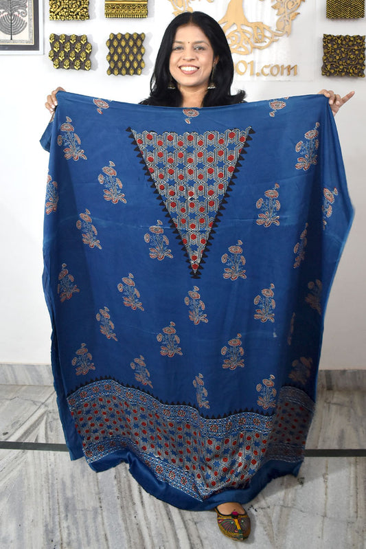 Designer Modal Silk Ajrakh Hand Block Print  Kurta Fabric - 2.5 mtrs cut