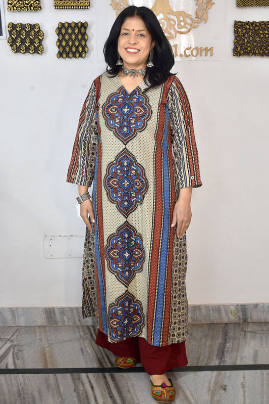Designer Hand Block Printed Ajrakh cotton Kurta With Mirror Work - Size 38 to 46 ( all sizes)