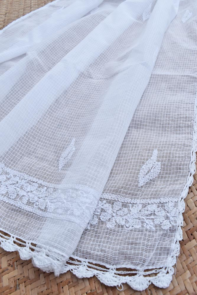 Handcrafted Kota Cotton Dupatta with Chikankari embroidery & crochet borders- base white color - Dyeable