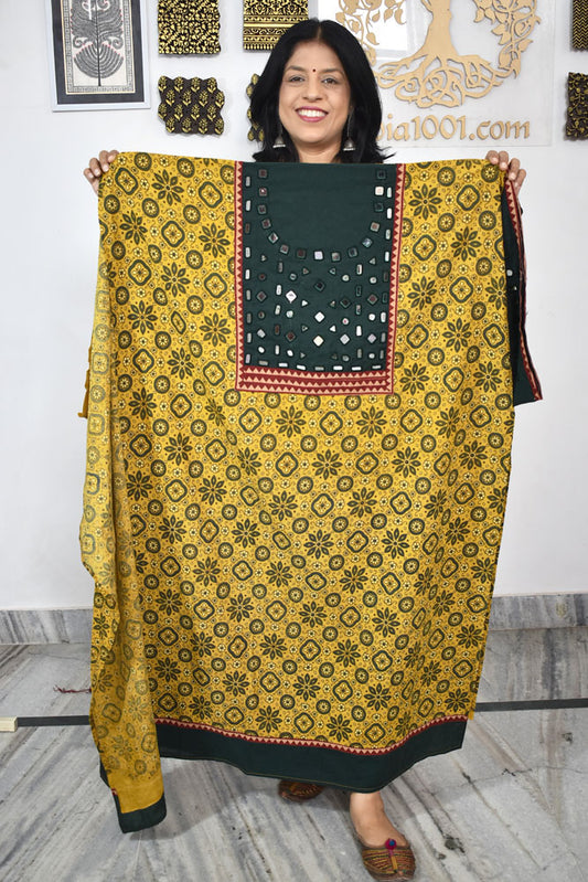 Designer Ajrakh Cotton Kurta Fabric with Kutch Mirror Work patch