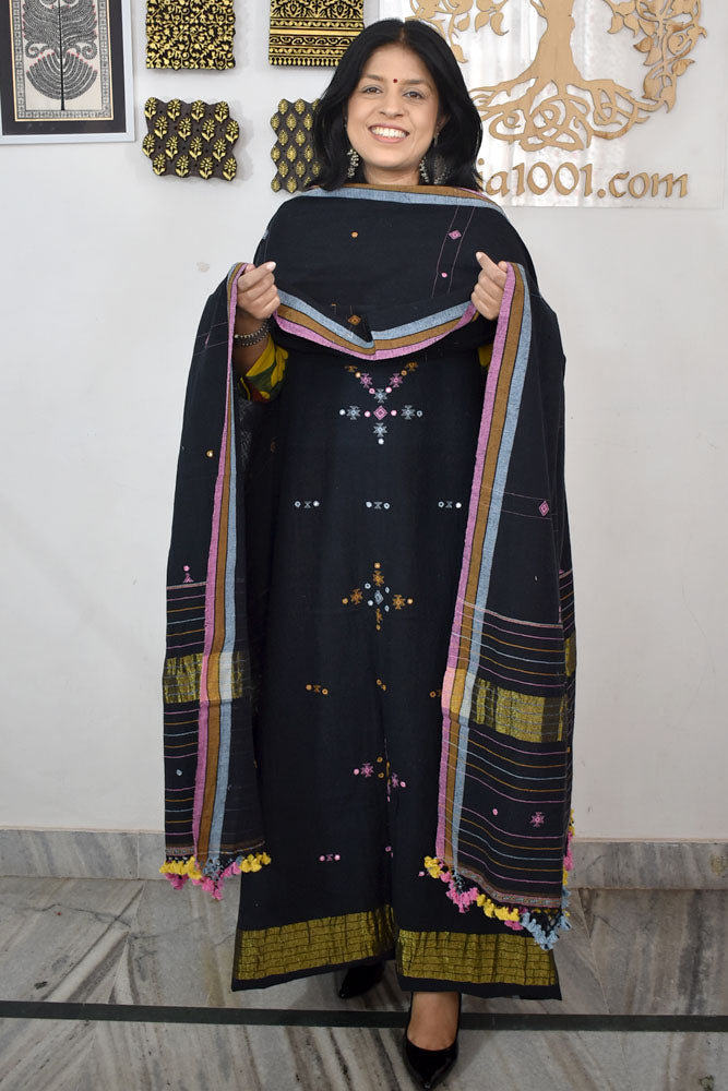 Premium Handwoven Kala Cotton Bhujodi suits with Mirror and Miri work - 3 pc set