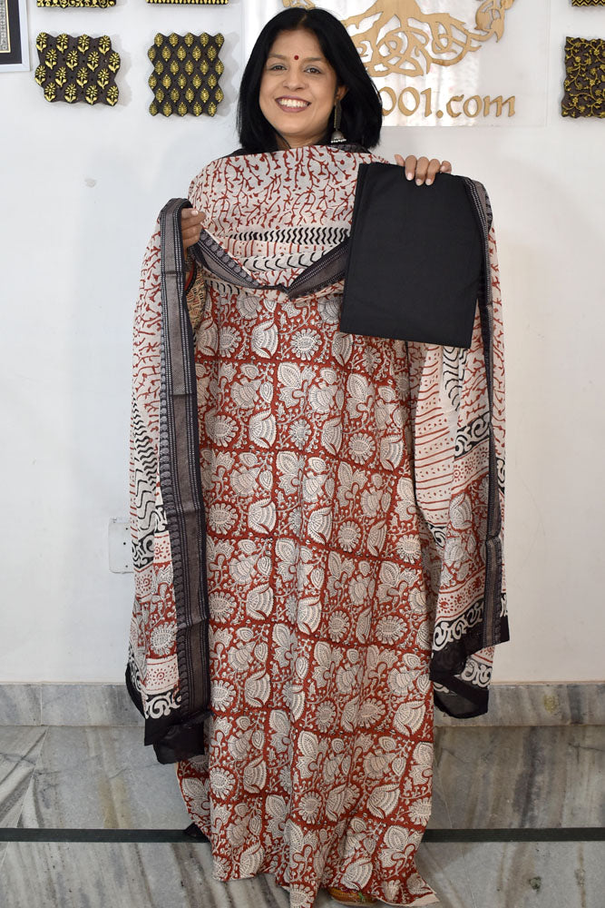 Beautiful Hand Block Printed Cotton unstitched suit fabric with Woven Borders Cotton dupatta