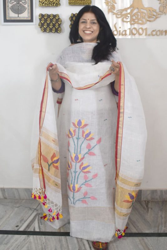 Kalakriti : Beautiful Hand Woven Soft Cotton Jamdani Kurta Fabric & Dupatta set