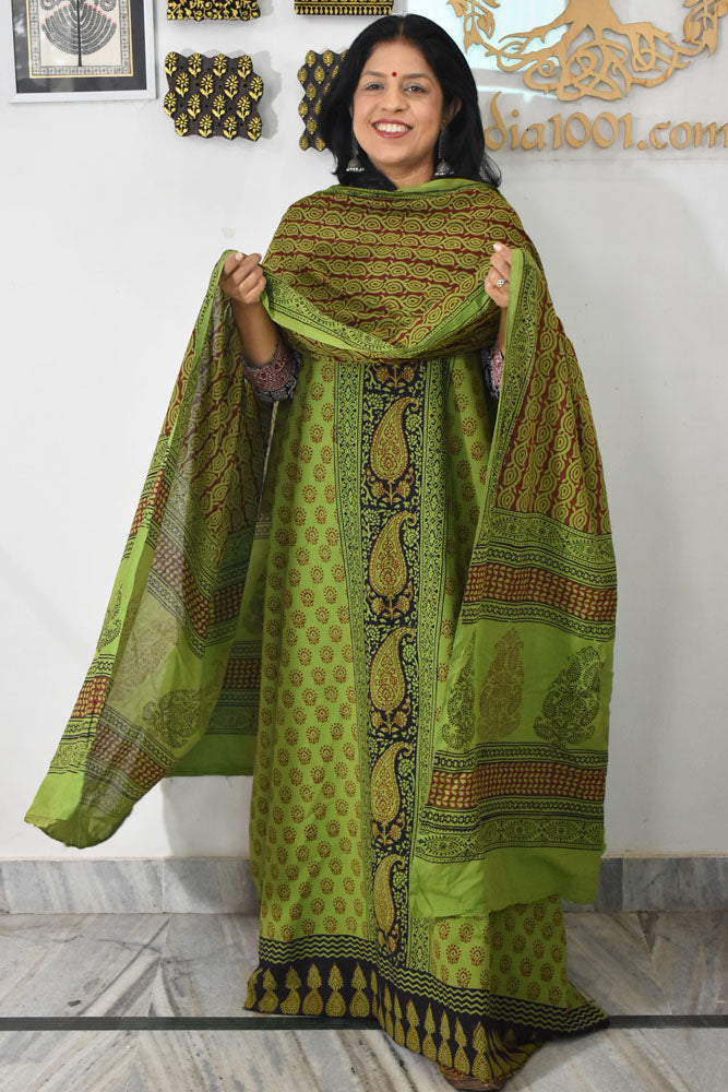 Bagh Hand Block Printed unstitched 3 pc Cotton suit fabric with Placement block print from MP