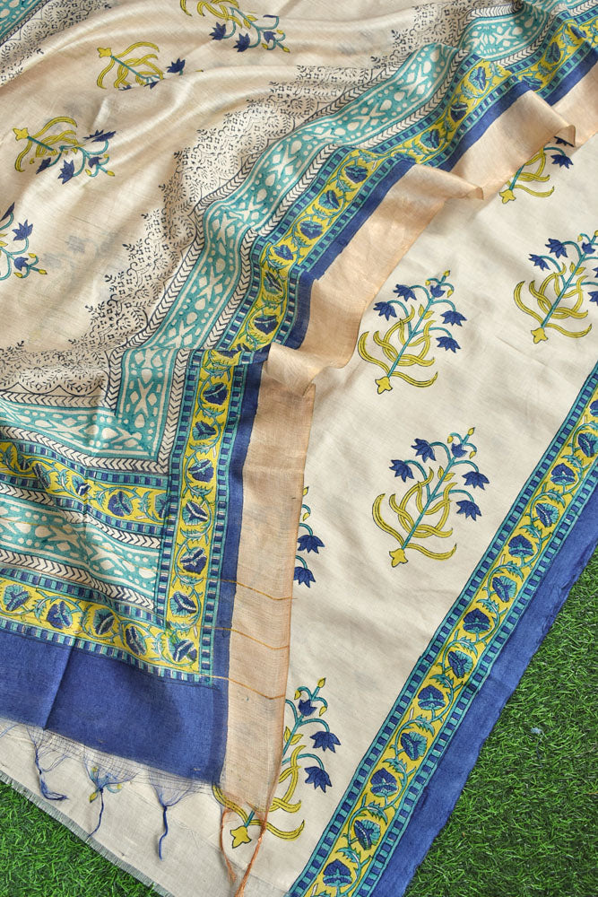 Elegant Hand Block printed Moonga Tussar Silk Kurta Dupatta Set
