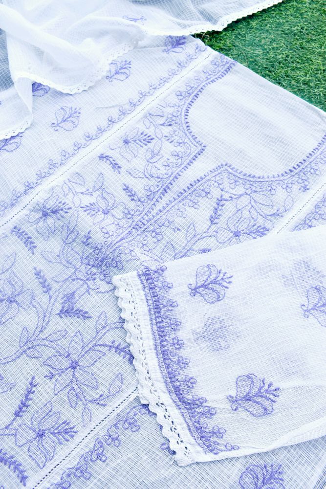 Elegant Kota Kurta & Dupatta Set with intricate Lucknowi Hand Chikankari embroidery - thread color Lavender
