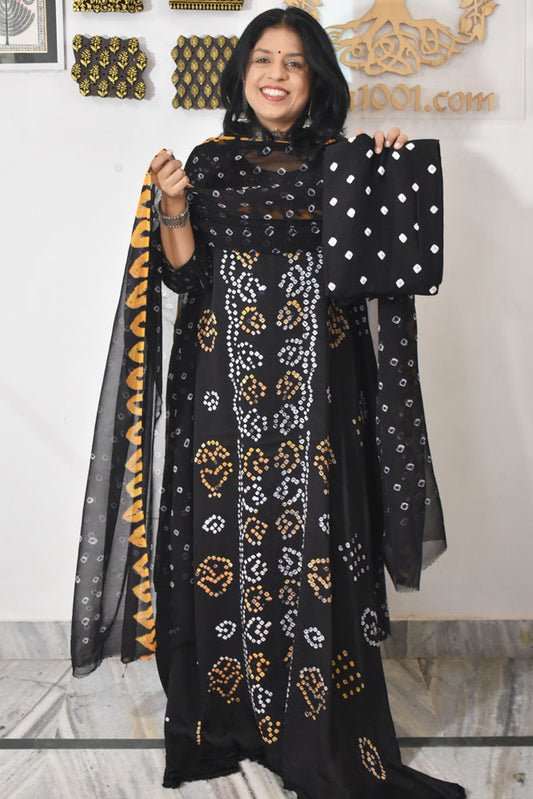 Tie & Dye Kutch Bandhani modal silk Unstitched Suit with Chiffon Dupatta & Modal Silk Bottom