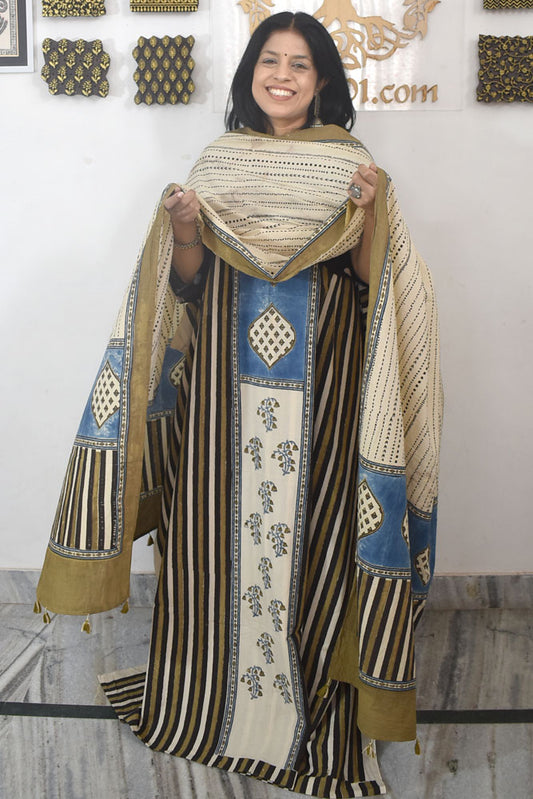 Designer Ajrakh Cotton kurta with  panel design & Cotton dupatta - 3 piece set