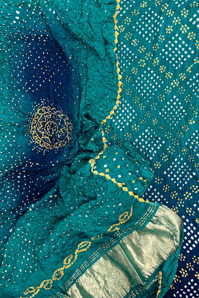 Beautiful Ombre dyed Bareek Bandhej Modal Silk Suit with zari patta dupatta