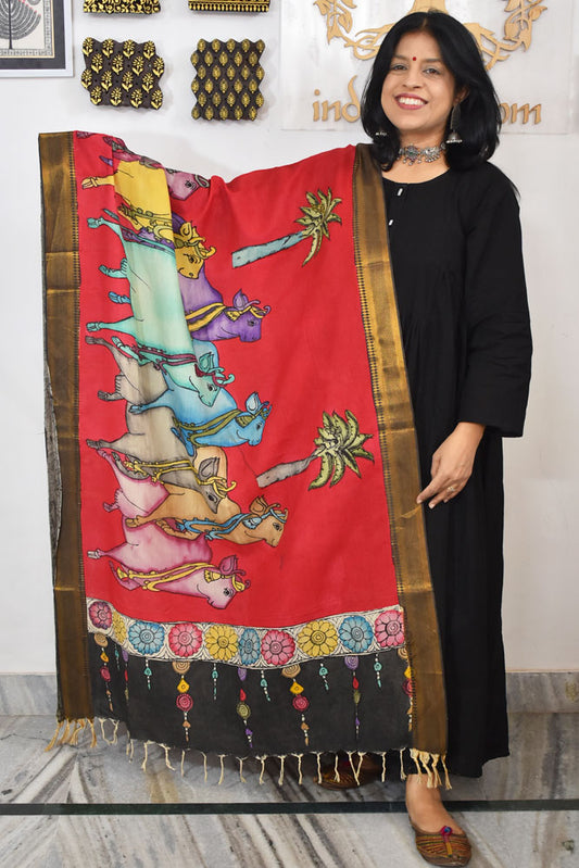Beautiful Bangalore Cotton Silk Hand Painted Kalamkari Dupatta