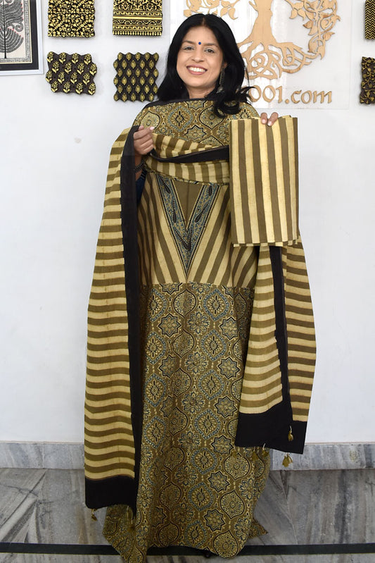 Designer Ajrakh Cotton Unstitched suit with  panel design, Ajrakh Dupatta & Bottom- 3 piece set