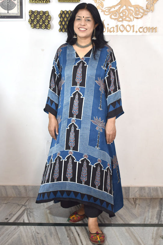 Beautiful Hand Block Printed Ajrakh Modal Silk Kurta, Size 40 to 46