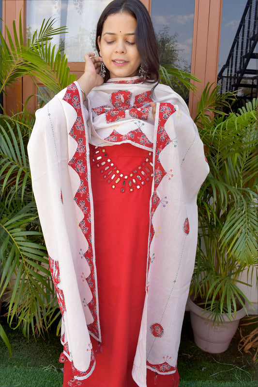 Handwoven Cotton Kurta fabric with Kutch Mirror work & Ajrakh Hand Applique & Mirror work dupatta