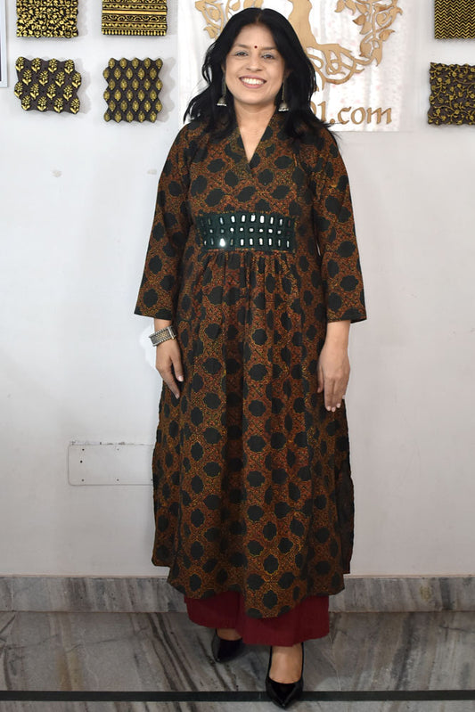 Designer Hand Block Printed Ajrakh cotton Kurta With Mirror Work - Size 38 to 48 ( all sizes)