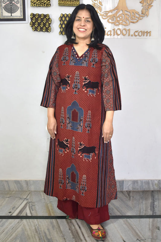 Designer Hand Block Printed Ajrakh cotton Kurta With Mirror Work - Size 38 to 46 ( all sizes)