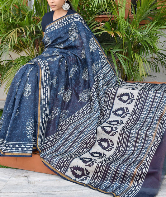 Indigo Diaries : Elegant Hand Block Printed Dabu Indigo Chanderi Saree