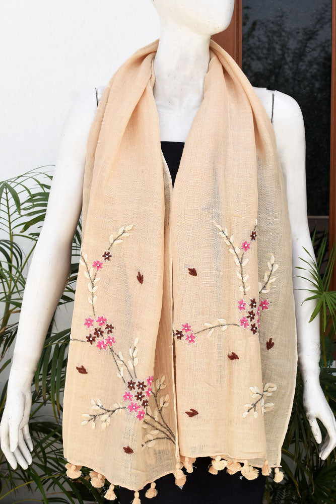 Beautiful Linen Stole with hand embroidery, embellishments & tassels