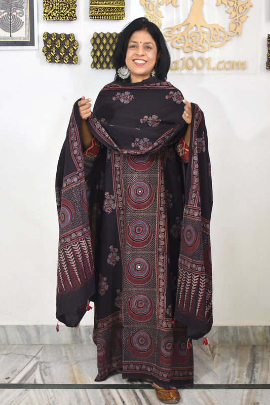Designer Ajrakh Cotton kurta with  panel design & Mirror work & Cotton dupatta - 3 piece set