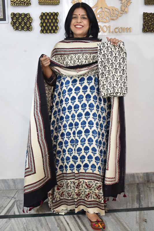 Designer Ajrakh Modal Silk Unstitched suit with  panel design, Ajrakh Dupatta & Bottom- 3 piece set