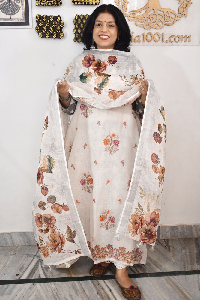 Dhairya : Beautiful Pure Linen suit with Digital print , intricate embroidery and cotton silk bottom