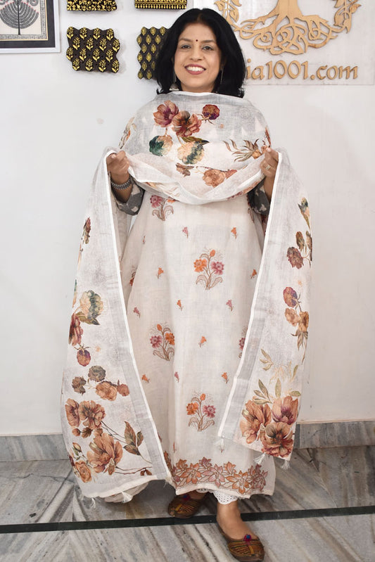Dhairya : Beautiful Pure Linen suit with Digital print , intricate embroidery and cotton silk bottom