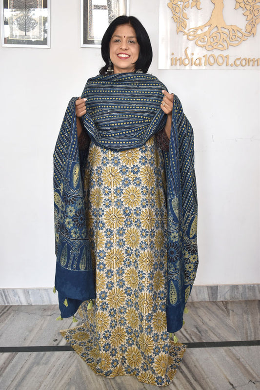 Elegant Hand Block Printed Ajrakh Cotton Unstitched suit fabric