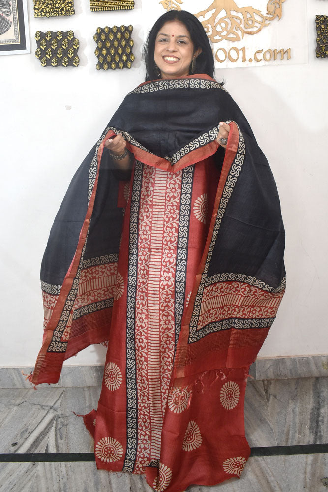 Beautiful Hand Block printed Tussar Silk Kurta Dupatta Set