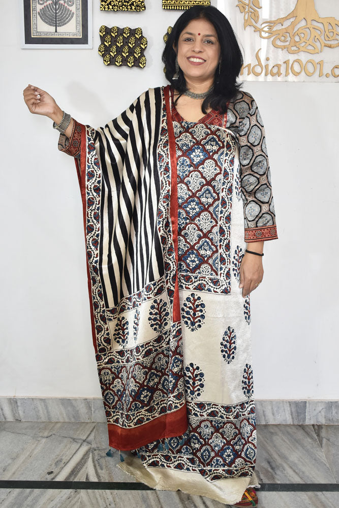 Designer Ajrakh Mashru Silk Unstitched suit with  panel / yoke design- 3 piece set