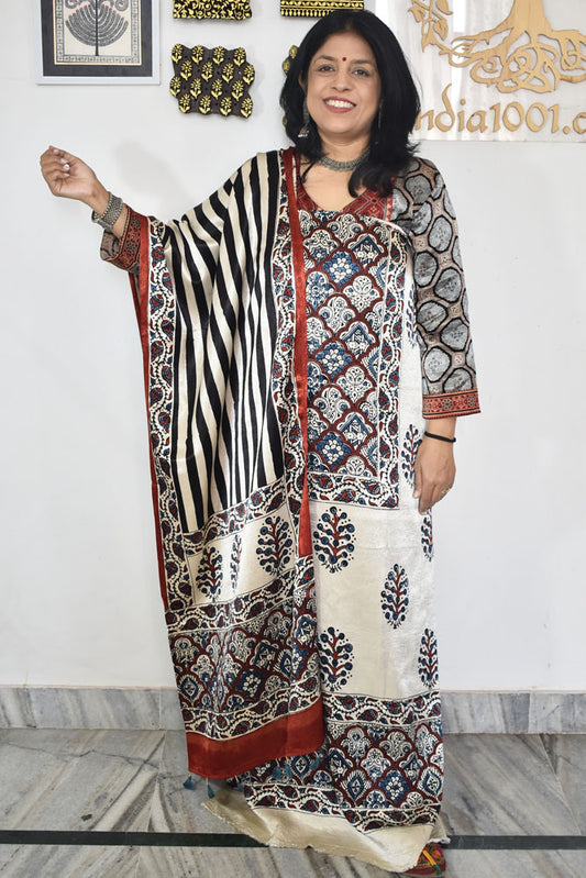 Designer Ajrakh Mashru Silk Unstitched suit with  panel / yoke design- 3 piece set