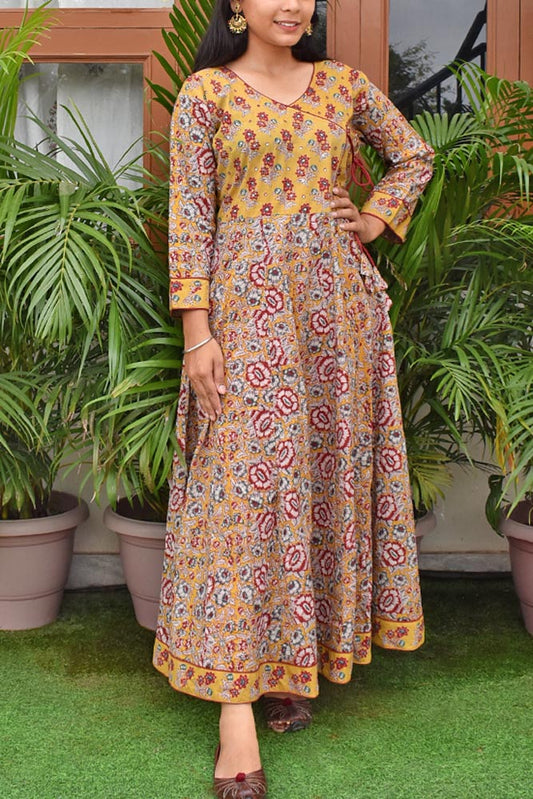 Beautiful Angrakha style Long Cotton Dress/ Kurti with side tie up strings Size -  38, 40, 42, 44