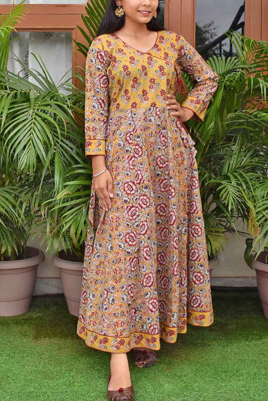 Beautiful Angrakha style Long Cotton Dress/ Kurti with side tie up strings Size -   40, 42,