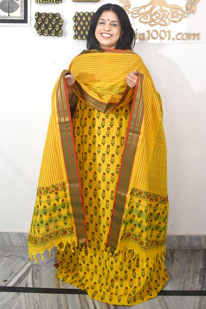Beautiful Handwoven Chettinad & Narayanpet Cotton suit with Hand block print Dupatta