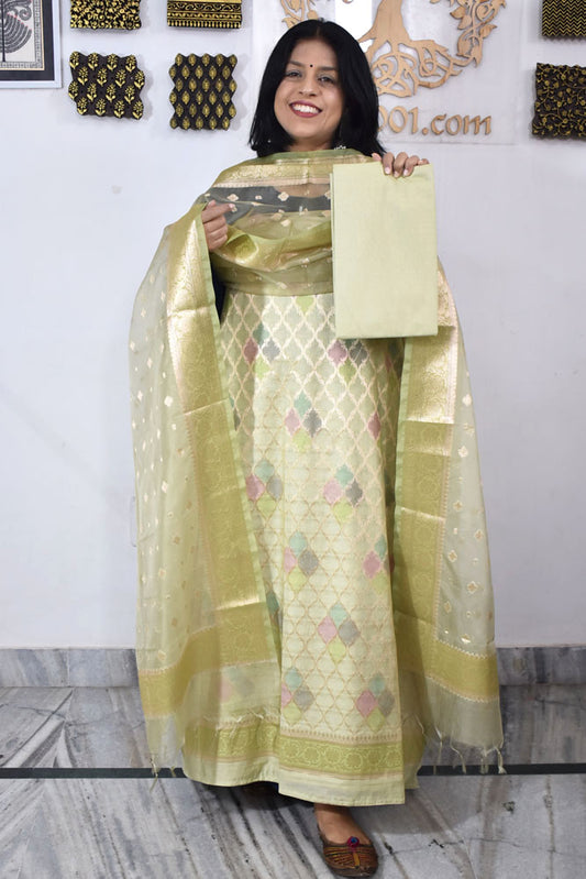 Beautiful Banarasi Chanderi silk unstitched suit fabric with Woven Booties