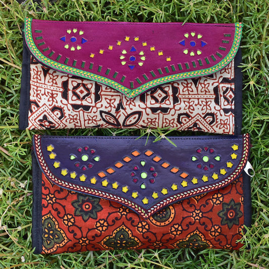 Set of 2 - Handcrafted Kutch Leather Punch work &Ajrakh Mashroo wallet/purse