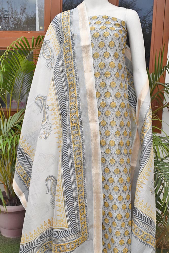 Beautiful Hand Block Printed Maheshwari Silk Cotton Unstitched suit fabric - 3 pc set