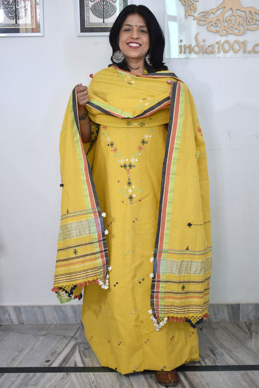 Premium Handwoven Kala Cotton Bhujodi suits with Mirror and Miri work - 3 pc set