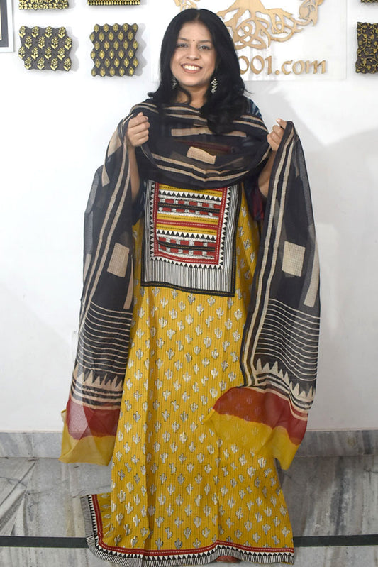 Beautiful Hand Block Printed Cotton Unstitched Suit Fabric  & Kota  dupatta With Cotton bottom
