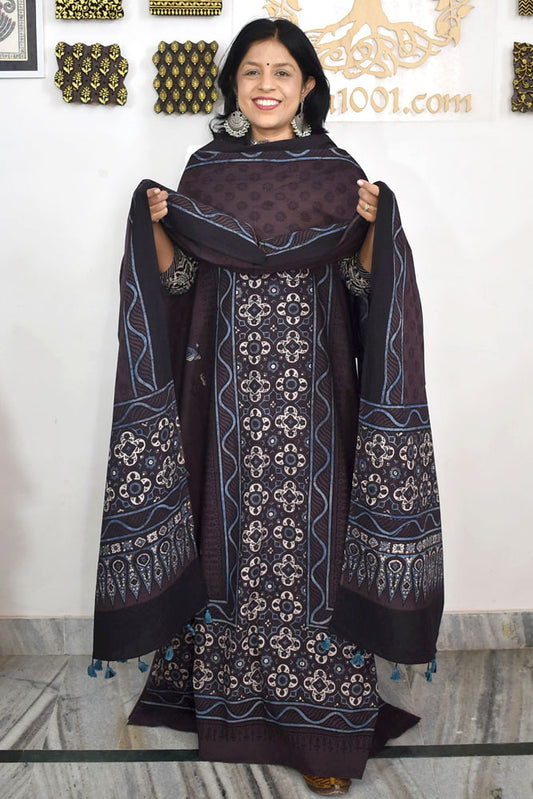 Block Print Ajrakh Cotton Suit with designer Ajrakh neck yoke /panel & Dupatta