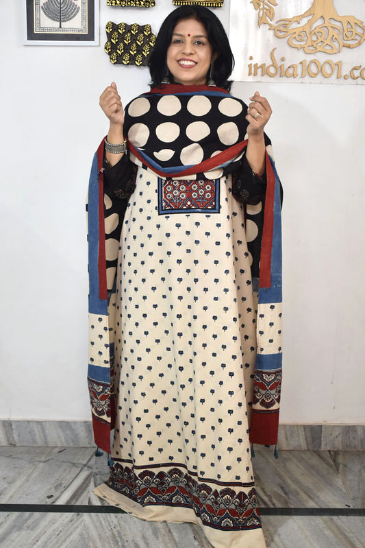 Block Print Ajrakh Cotton Suit with designer Ajrakh neck yoke /panel & Long Stole