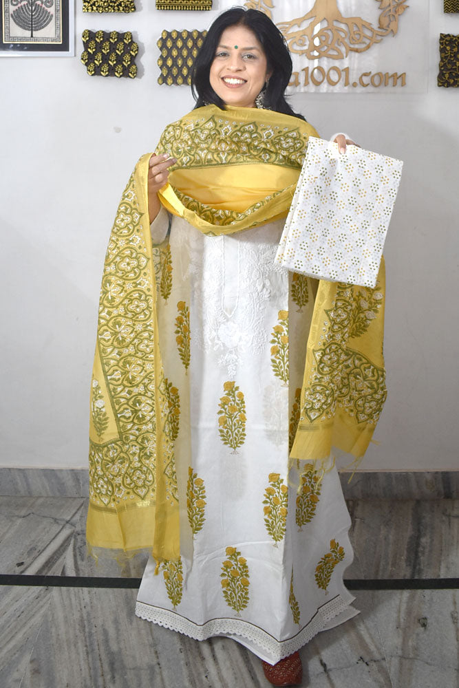 Beautiful Hand Block Printed Cotton Unstitched Suit Fabric with Embroidery & Chanderi  dupatta With Cotton bottom