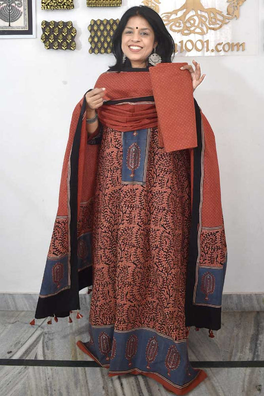 Designer Ajrakh Cotton Unstitched suit with  panel design, Ajrakh Dupatta & Bottom- 3 piece set