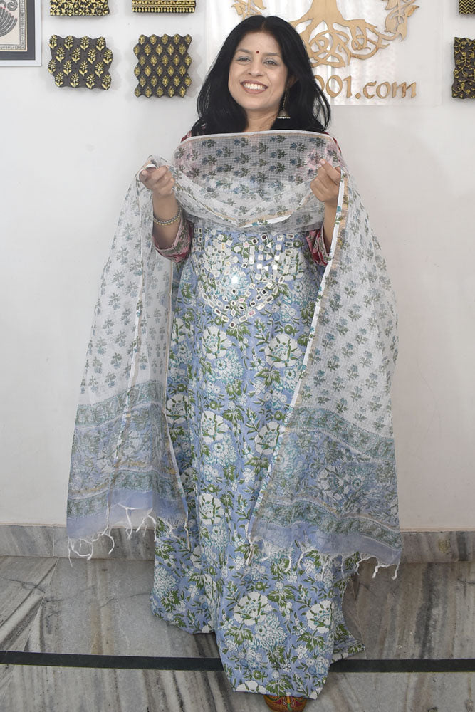 Beautiful Hand Block Printed Cotton unstitched suit  with Kutch mirror work & kota dupatta